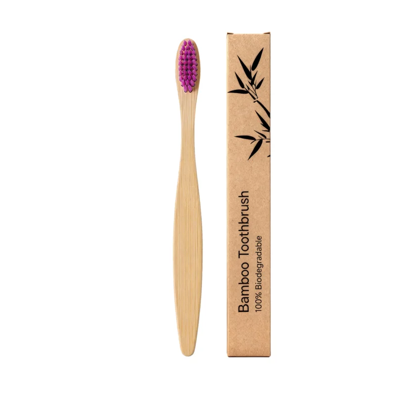 Purple bamboo toothbrush with a flat head and tapered bristles for effective and eco-friendly oral care.