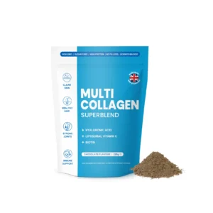 A jar of chocolate-flavored collagen nutrition powder for skin, hair, and joint support, featuring liposomal vitamin C and hyaluronic acid.