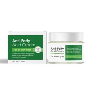 AMZ Anti-Fatty Acid Cream in a 50g jar, a lightweight moisturizer designed to soothe, control oil, and repair damaged skin.