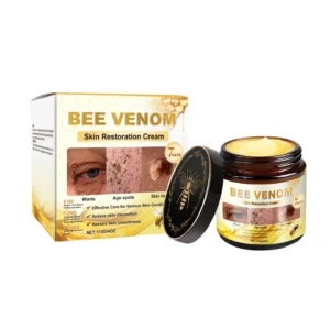 AMZ Bee Venom Skin Restoration Cream in a white jar with herbal formula for gentle wart and mole removal