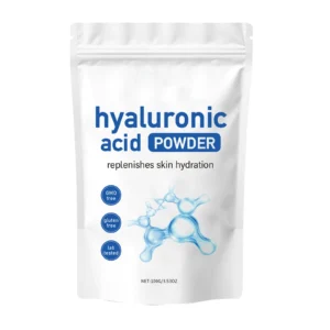 AMZ Hyaluronic Acid Powder Mask 100g for deep hydration and radiant skin, shown in a jar with measuring spoon.