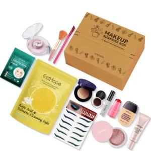 AMZ Makeup Surprise Blind Box containing brow brush, heart-shaped acne patches, and multiple cosmetics for a complete face look
