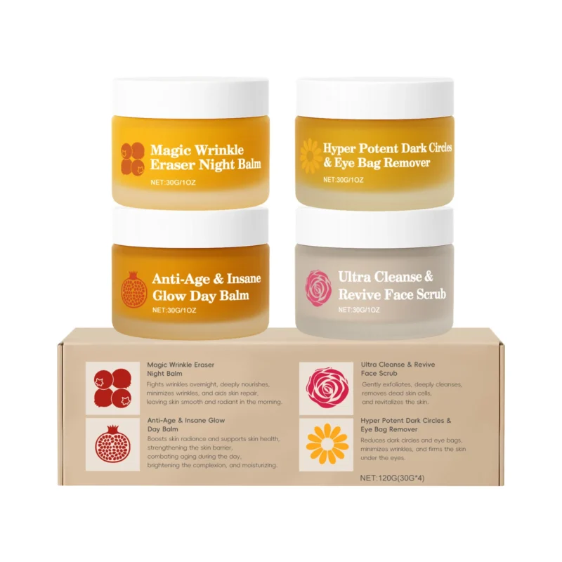 AMZ Multi-Effect Skin Renewing Kit with Day Balm, Night Balm, Eye Cream, and Face Scrub for Anti-Aging Skincare