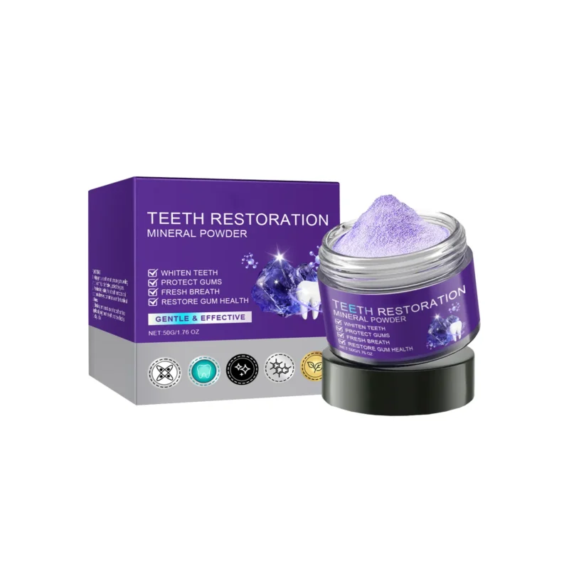AMZ Purple Tooth Whitening Powder in a sleek purple jar, designed to gently remove stains and provide long-lasting fresh breath.