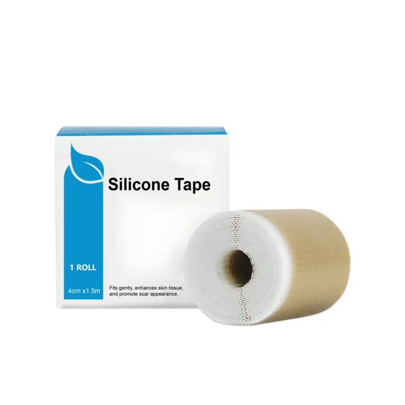 Roll of gentle silicone gel scar tape for fading scars, improving skin texture, and promoting recovery from cuts, acne, and cesarean sections.